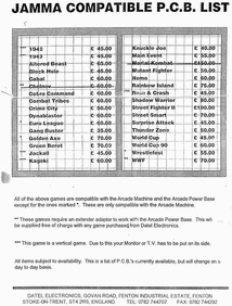 old game board price list from Datel from 1987-94