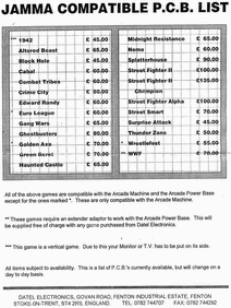 old game board price list from Datel from 1987-94